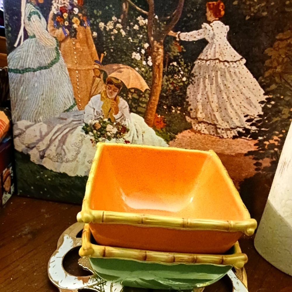 🥣🍅2 HOME IPANEMA HANDPAINTED STONEWARE SQUARE BOWLS SET.🏯🏡